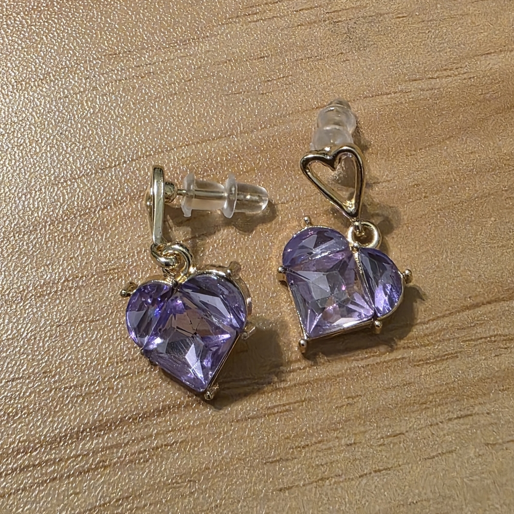 Heart-Shaped Gold and Purple Earrings